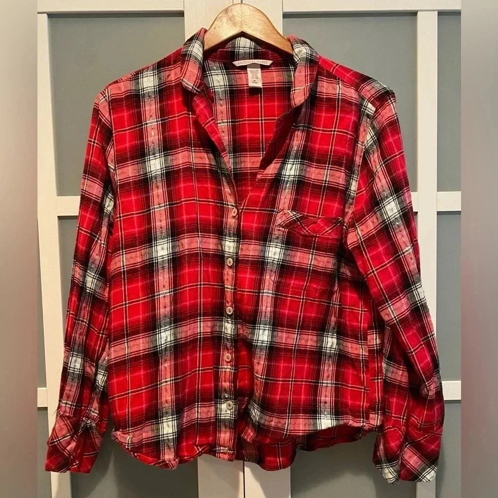Victoria’s Secret PJ‎ Set Flannel button-up long sleeve top, short bottoms M EUC